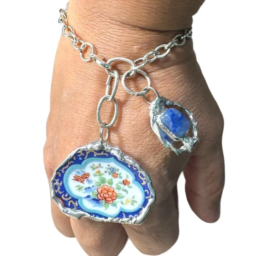 Broken China & Sodalite Charm Bracelet with Artisan Silver-Blend Boho Metalwork